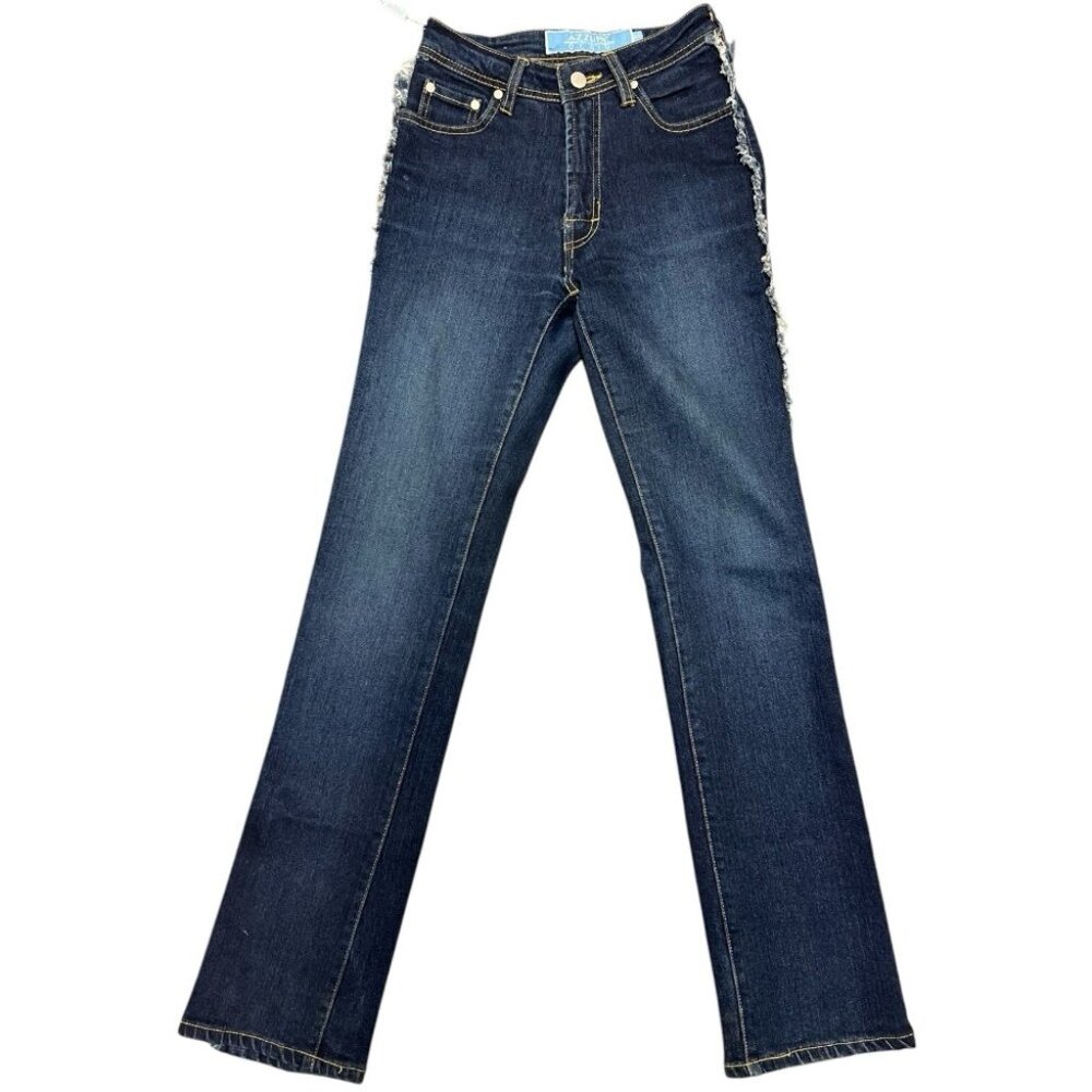 Y2K Denim Ruffle Jeans High Rise Straight Leg Size 26 Blue Vintage Azzure